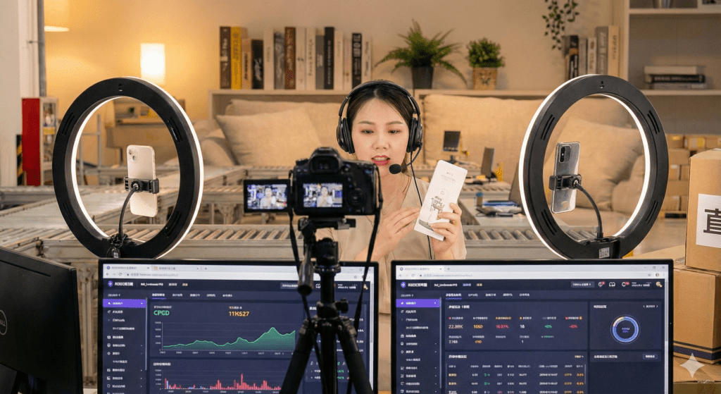 直播帶貨轉換率主題視覺：呈現觀看數、互動率與實際成交之間的數據漏斗落差