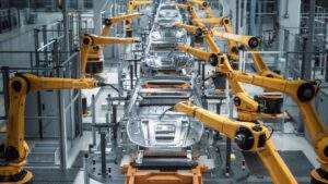 2026 年工業 5.0 智慧工廠中的高精度協作機器人產線，展示自動化設備與數位刻度模型在汽車製造業的深度應用
